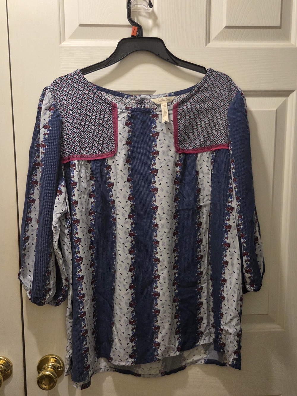 Matilda Jane Blue and White Striped Floral Peasant Blouse with Pink Trim